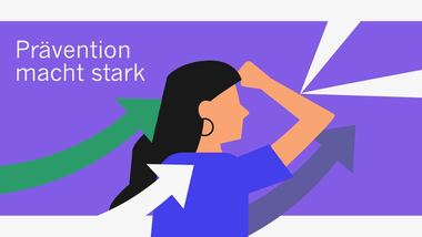 Illustration einer Frau mit Pfeilen und Schriftzug 'Prävention macht stark'.