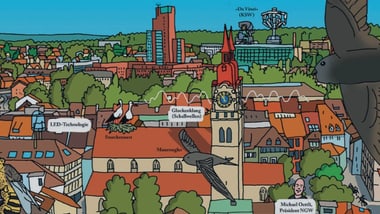 Illustration einer Stadt mit Gebäuden, Vögeln und Bäumen.