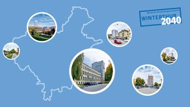Collage von Stadtbildern mit Umriss einer Karte und Text 'Winterthur 2040' auf blauem Hintergrund.