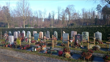 Reihe von Grabsteinen auf einem Friedhof mit Blumen und Bäumen im Hintergrund.