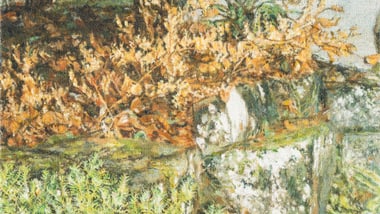 Gemälde eines Gartens mit herbstlichem Laub und Pflanzen.