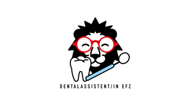 Illustration eines Löwen mit roter Brille, einem Zahn und Zahnwerkzeug.