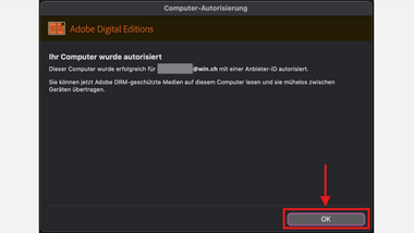 Screenshot einer Autorisierungsbestätigung in Adobe Digital Editions mit hervorgehobenem OK-Button.