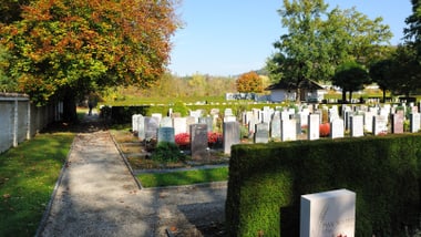 Friedhof mit Grabsteinen und Bäumen im Herbst.