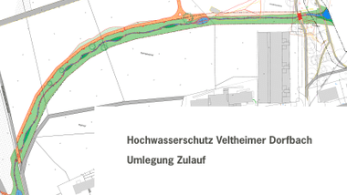 Technische Zeichnung mit Flusslauf und angrenzenden Bereichen.