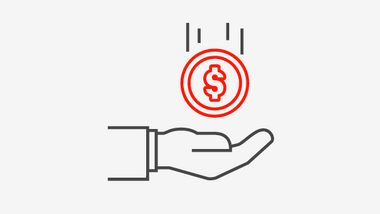 Linienzeichnung einer Hand unter einer fallenden Münze mit Dollarzeichen.