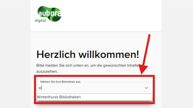 Willkommensnachricht mit Dropdown-Menü zur Auswahl der Bibliothek.