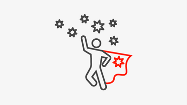 Illustration einer Person mit rotem Umhang und Sternen.