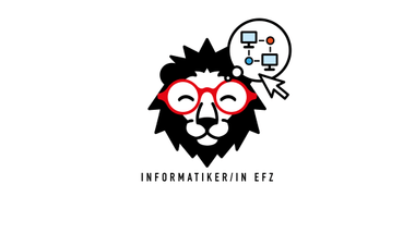 Grafik eines stilisierten Löwenkopfes mit roter Brille und Computer-Symbolen.