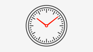 Illustration einer runden Uhr mit roten Zeigern.
