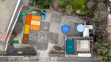 Luftaufnahme eines Parkplatzes mit einem geparkten blauen Auto und markierten Bereichen.