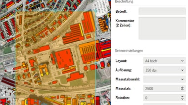 Kartendarstellung mit Gebäuden in Rot und Orange sowie Benutzeroberfläche auf der rechten Seite.