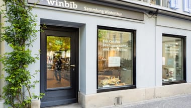 Fassade der Sammlung Winterthur mit Fenstern und einer Tür, umgeben von Pflanzen.