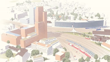 Illustration einer städtischen Landschaft mit Gebäuden und Bahngleisen.