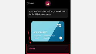 Screenshot der App mit Anzeige Bibliotheksausweis.