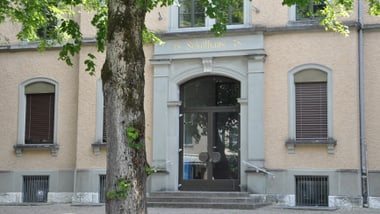 Eingangsbereich eines alten Gebäudes mit Baum im Vordergrund.
