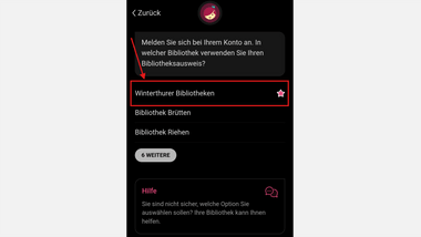Bildschirmfoto einer App mit einer Bibliotheksauswahl.