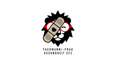 Löwenbild mit roter Brille und Pflaster auf der Stirn.