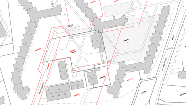 Stadtplan mit Gebäuden und Strassen.