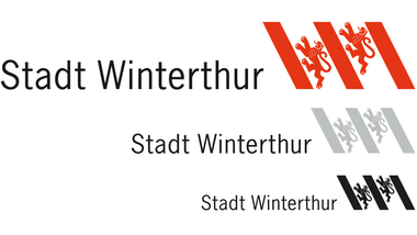 Logo der Stadt Winterthur mit rotem Löwen und Streifen in drei Varianten.