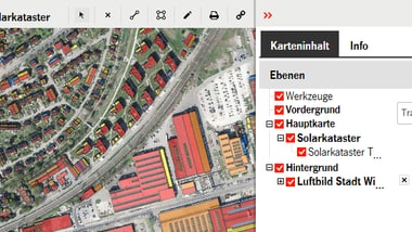 Satellitenansicht einer Stadt mit Gebäudeebenen im Menü.