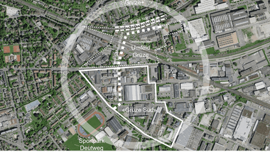 Satellitenansicht einer städtischen Umgebung mit Markierungen.