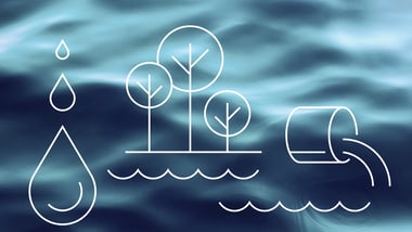Grafiken von Wasser, Bäumen und Rohr auf blauem Hintergrund.