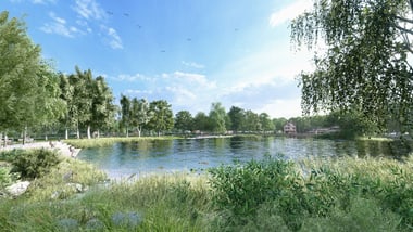 Ruhiger See mit Bäumen und Gras am Ufer.