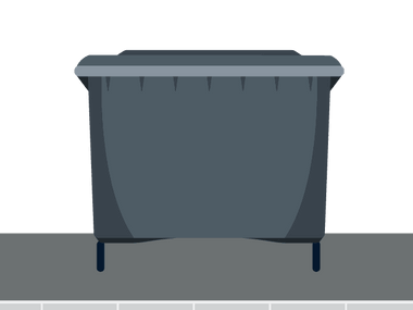 Grauer Müllcontainer auf Gehweg vor schwarzem Hintergrund.