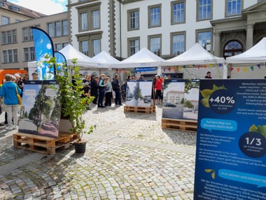 Menschen auf einem Platz mit Informationsständen und Tafeln.