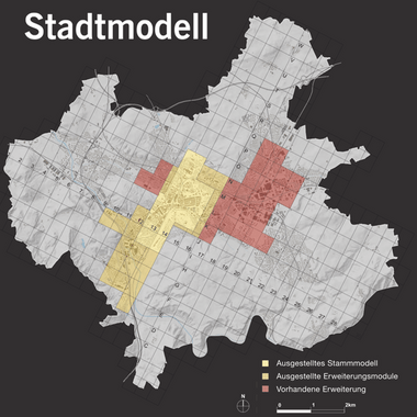 Karte der Stadt Winterthur und farblich hervorgehobenen ausgeführten beziehungsweise ausgestellten Modellteile