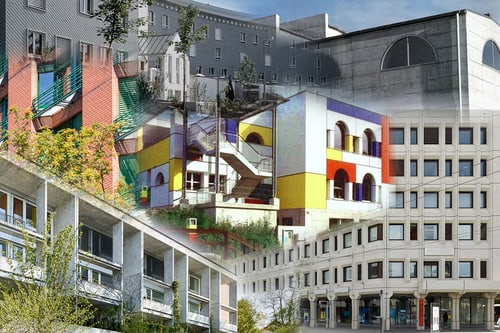Montage von postmodernen Gebäuden mit farbigen Fassaden.