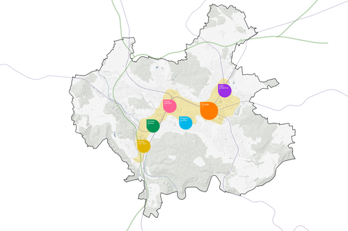 Karte mit markierten farbigen Bereichen und Linien innerhalb einer Region.