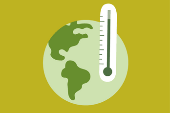 Illustration eines Globus mit Thermometer auf gelbem Hintergrund.