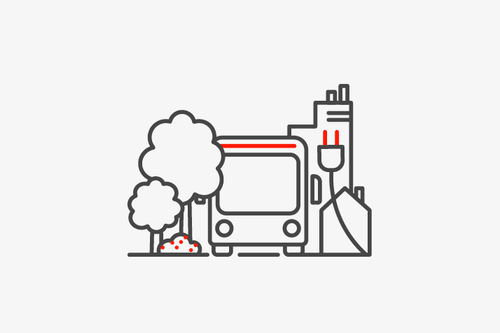 Minimalistische Illustration eines Busses mit Bäumen und Gebäuden.