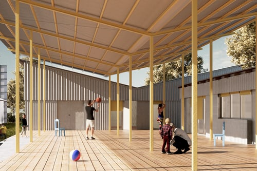 Moderne überdachte Terrasse mit spielenden Personen.
