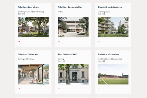 Sechs Miniaturbilder von Gebäuden in einem Rasterlayout.
