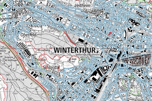 Karte von Winterthur mit Strassen und Geländemerkmalen.