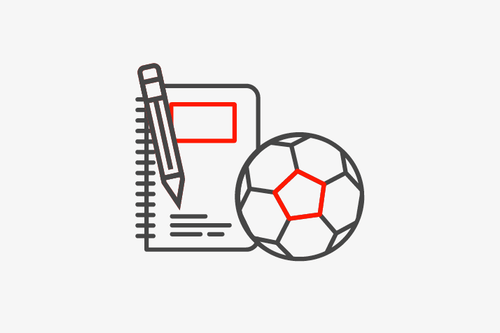 Illustration eines Notizbuches, eines Stifts und eines Fussballs.
