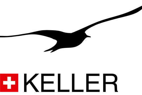 Logo des Unternehmens Keller Pressure: Schwarzes Bild mit weissem Kreuz auf rotem Hintergrund in der Ecke.