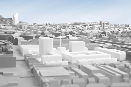 Modell einer Stadtlandschaft mit Gebäuden.