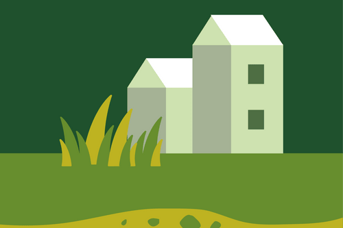 Illustration eines Hauses und von Pflanzen auf grünem Hintergrund.