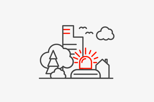 Illustration mit Stadtlandschaft und rotem Alarmlicht.