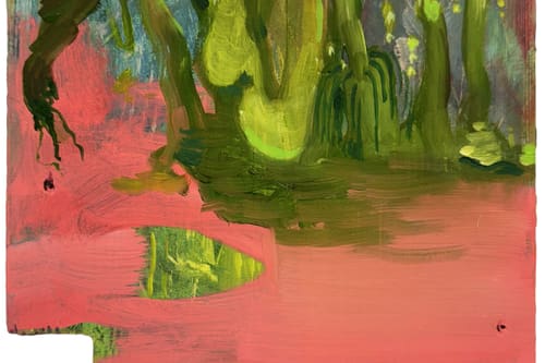 Abstraktes Gemälde mit grünen und rosa Pinselstrichen.