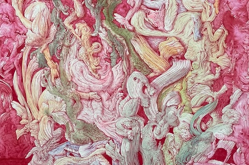 Abstraktes Kunstwerk mit geschwungenen Formen in Rosa und Grün.