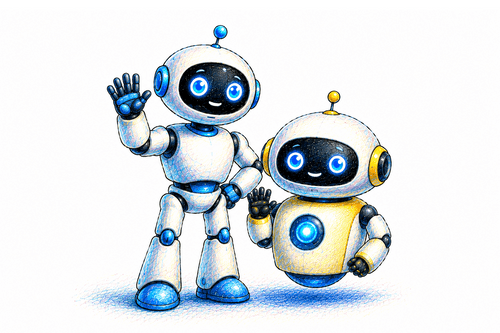 Zwei Roboter winken.