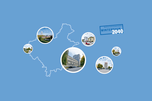 Kreise mit Stadtansichten auf blauem Hintergrund.