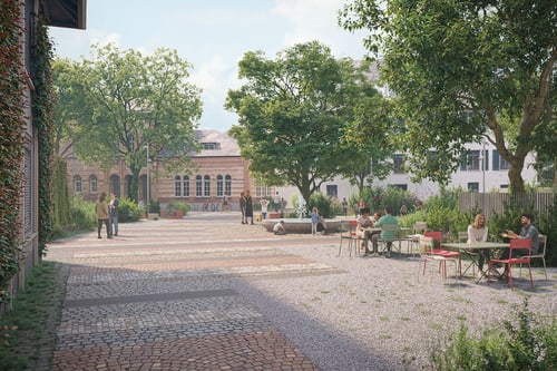 Gartenplatz mit Menschen an Tischen unter Bäumen.