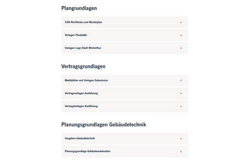 Webseite mit Listen von Planungs- und Vertragsgrundlagen.