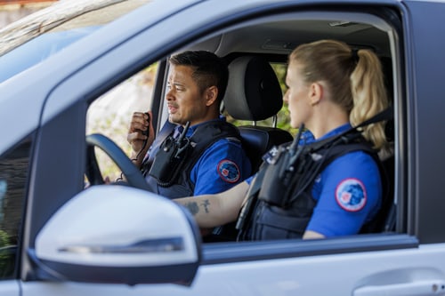 Zwei uniformierte Polizisten in einem Auto.